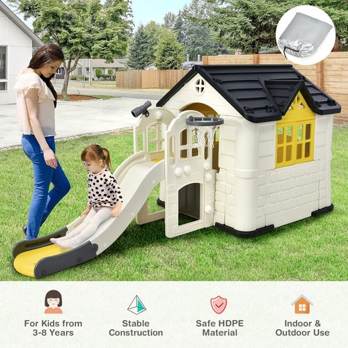 7-in-1 Kids Playhouse Slide Cottage Picnic Yellow