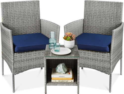 3-Piece Outdoor Wicker Bistro Set Gray and Navy Patio Furniture