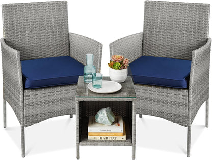 3-Piece Outdoor Wicker Bistro Set Gray and Navy Patio Furniture