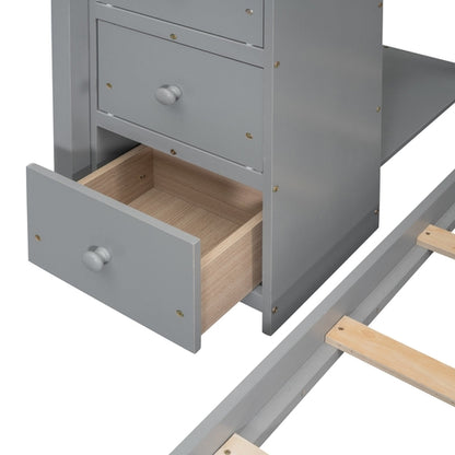 Twin Over Full Bunk Bed with 3-layer Shelves, Drawers and Storage