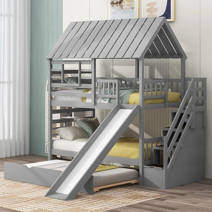 Twin Over Twin Bunk Bed With Slide For Kids Room Decor
