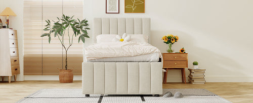 Upholstered Platform Bed with Trundle and 3 Drawers, Linen Fabric