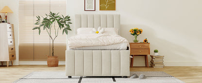 Upholstered Platform Bed with Trundle and 3 Drawers, Linen Fabric