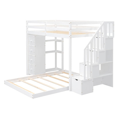 Twin Over Full Bunk Bed with 3-layer Shelves, Drawers and Storage