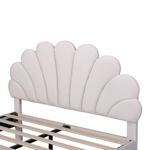 Upholstered Platform Bed with Flower Pattern Velvet Headboard