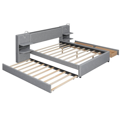 Queen Size Upholstered Platform Bed with Reading Lights, Drawers,