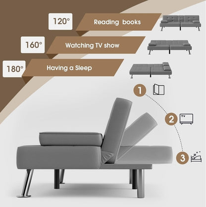 Grey Futon Sofa Bed With Adjustable Back And Cup Holders