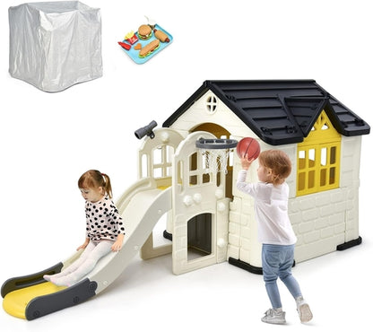 7-in-1 Kids Playhouse Slide Cottage Picnic Yellow