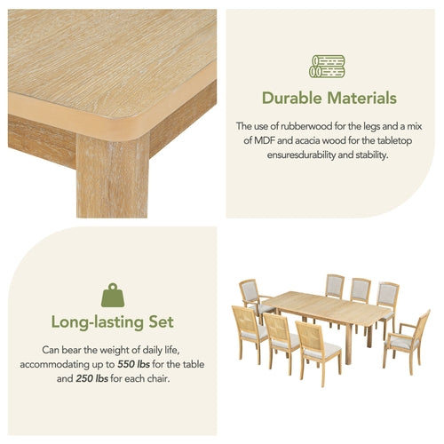 Rustic Extendable Dining Table Set with Removable Leaf, 6 Upholstered