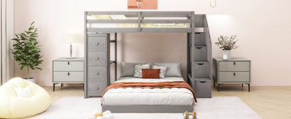 Twin Over Full Bunk Bed with 3-layer Shelves, Drawers and Storage