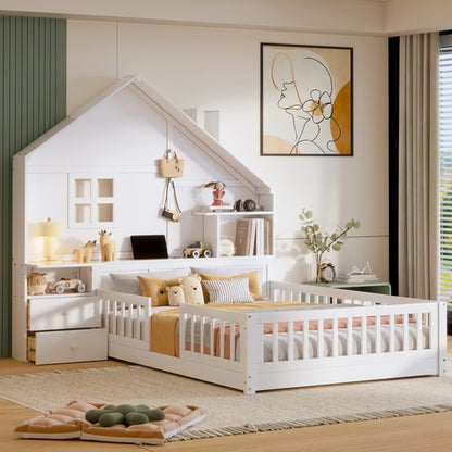 Full Size House Bed with Window and Bedside Drawers, Platform Bed with
