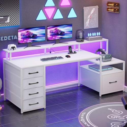 Modern Home Office Desk With 5 Drawers And LED Lights