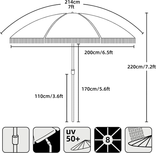 7Ft Fringe Tassel Patio Umbrella White Cream UPF50 Tilt Push Button
