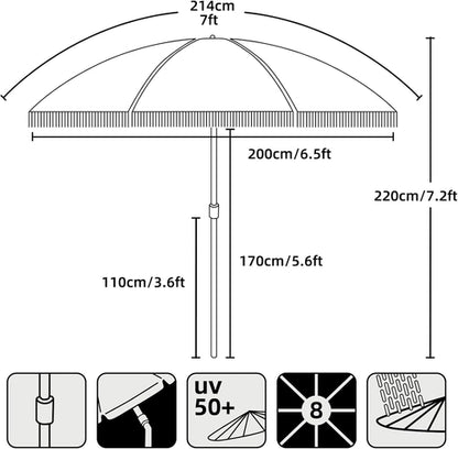 7Ft Fringe Tassel Patio Umbrella White Cream UPF50 Tilt Push Button