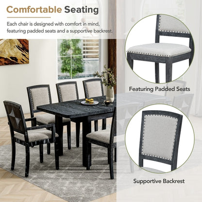 Rustic Extendable Dining Table Set with Removable Leaf, 6 Upholstered