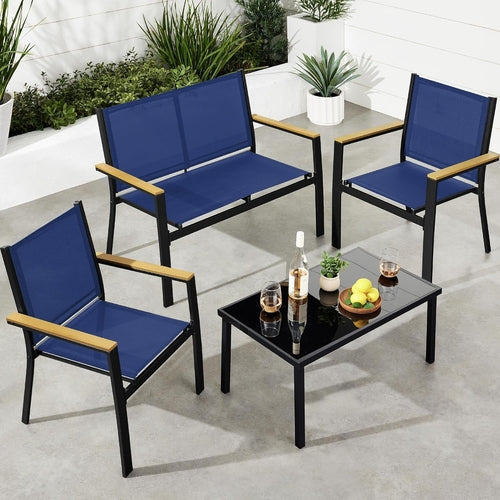 4 Piece Outdoor Textilene Patio Conversation Set Loveseat And Table