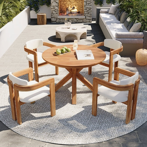 5-Piece Outdoor Acacia Wood Round Dining Set, Solid Wood Patio Table