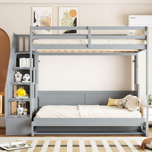 Murphy Wall Bed Full Over Full Gray Solid Wood and MDF with Storage
