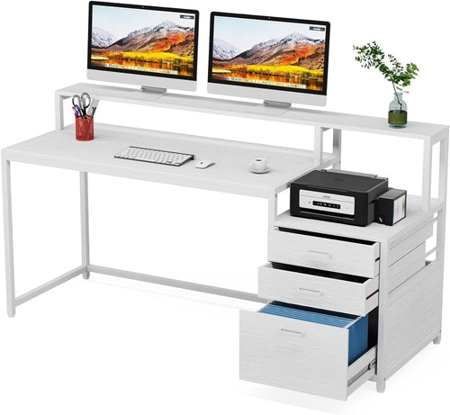 White Computer Desk With File Cabinet And Monitor Stand
