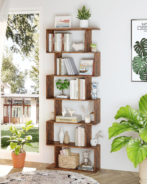 Geometric Bookcase 6 Tier S Shaped Rustic Brown Wood Shelf