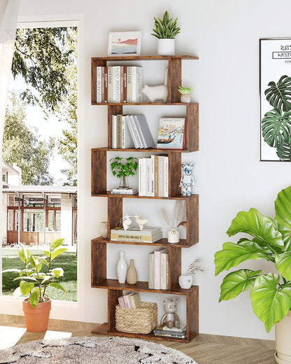 Geometric Bookcase 6 Tier S Shaped Rustic Brown Wood Shelf
