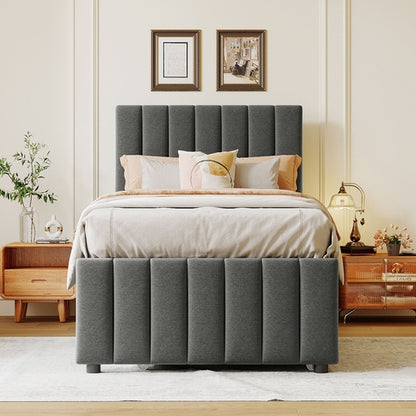 Upholstered Platform Bed with Trundle and 3 Drawers, Linen Fabric