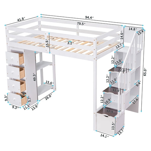 Loft Bed White Solid Wood with Storage for Bedroom and Guest Room