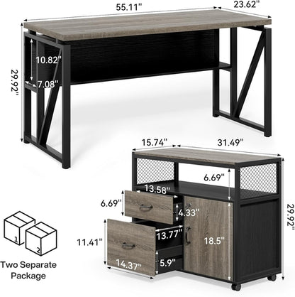 55 Inch L Shaped Office Desk With Grey Filing Cabinet Set