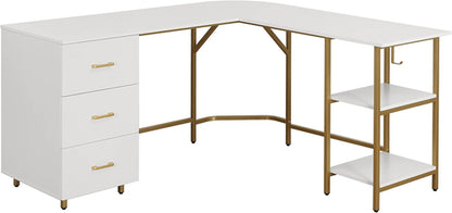 L Shaped Corner Desk Two Tone With Drawers And Shelves For Home Office