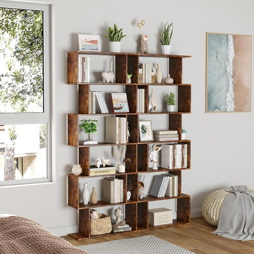 Geometric Bookcase 6 Tier S Shaped Rustic Brown Wood Shelf