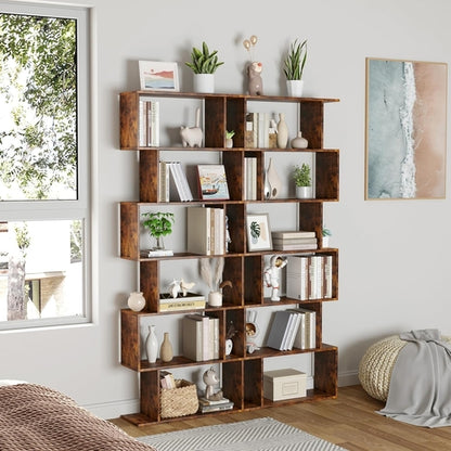 Geometric Bookcase 6 Tier S Shaped Rustic Brown Wood Shelf