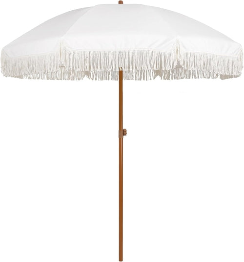 7Ft Fringe Tassel Patio Umbrella White Cream UPF50 Tilt Push Button