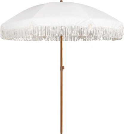7Ft Fringe Tassel Patio Umbrella White Cream UPF50 Tilt Push Button