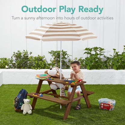 Walnut Wooden Kids Picnic Table With Adjustable Umbrella