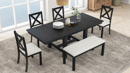 Farmhouse 82inch 6-Piece Extendable Dining Table with Footrest, 4