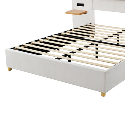 Upholstered Platform Bed with Outlets, USB Ports, Pillows and Storage