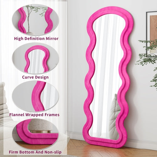 Rose Pink Wavy Full Length Floor Mirror with Flannel Wrapped Frame,