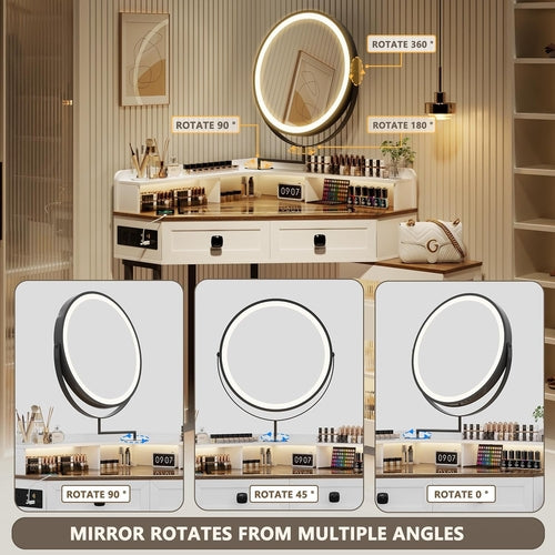 White Corner Vanity Mirror With Built In Charging Station