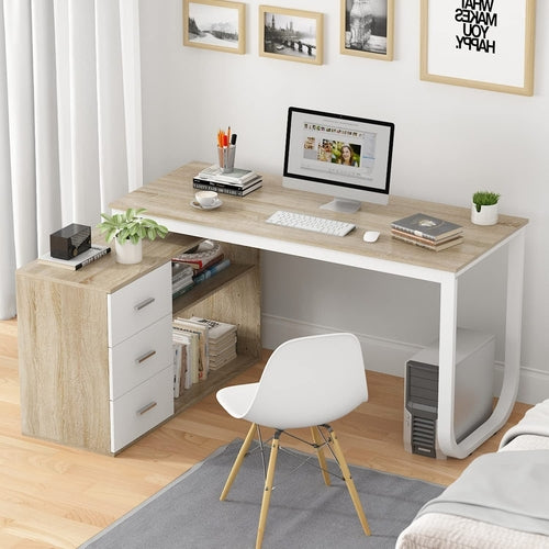 L Shaped Corner Desk Walnut With Large Workspace And Drawers