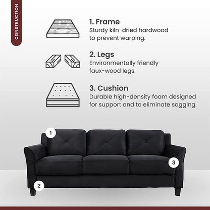 Grayson Sofa Black Button Tufted Rolled Arm Living Room
