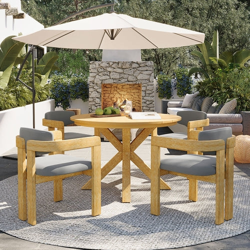 5-Piece Outdoor Acacia Wood Round Dining Set, Solid Wood Patio Table