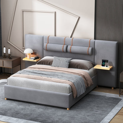 Upholstered Platform Bed with Outlets, USB Ports, Pillows and Storage