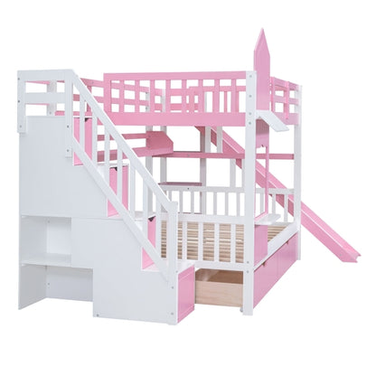 Full-Over-Full Castle Style Bunk Bed with 2 Drawers, 3 Shelves and