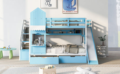 Full-Over-Full Castle Style Bunk Bed with 2 Drawers, 3 Shelves and
