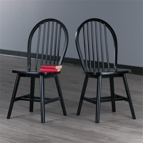 Windsor Dining Chair Set Solid Wood Black Finish 2 Pack