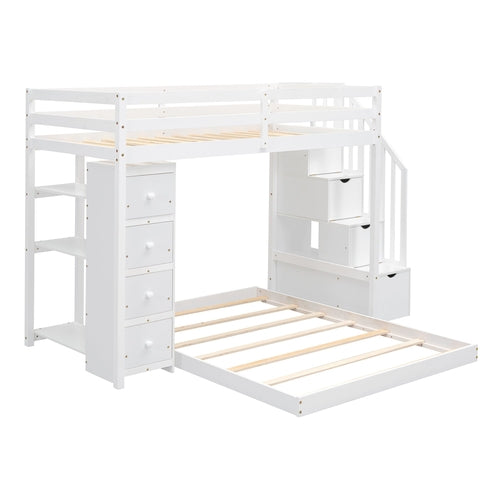 Twin Over Full Bunk Bed with 3-layer Shelves, Drawers and Storage