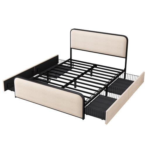 Modern Metal Bed Frame with Upholstered Curved Headboard and