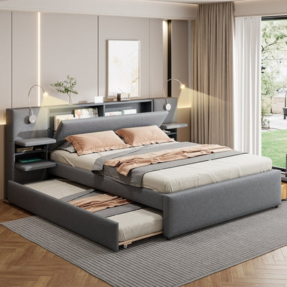 Queen Size Upholstered Platform Bed with Reading Lights, Drawers,