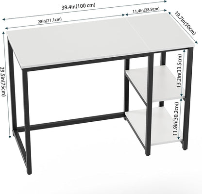 40 Inch White Computer Desk With 2 Tier Shelves Home Office