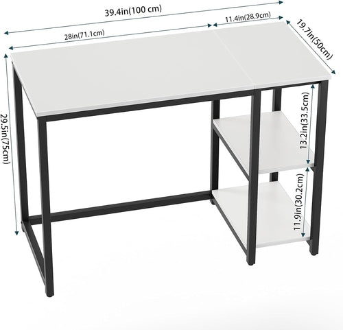 40 Inch White Computer Desk With 2 Tier Shelves Home Office